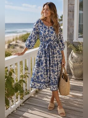 Studio Park Blue White Floral Boho Midi Dress XL Cottagecore Tie Waist Pockets